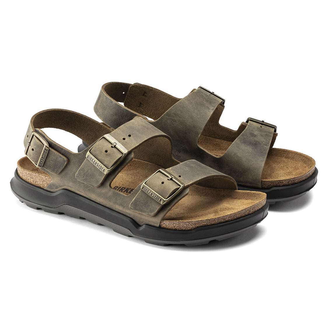 Birkenstock Milano Cross Town Oiled Leather Two Strap Sandals Khaki | paVDCbDgN6S