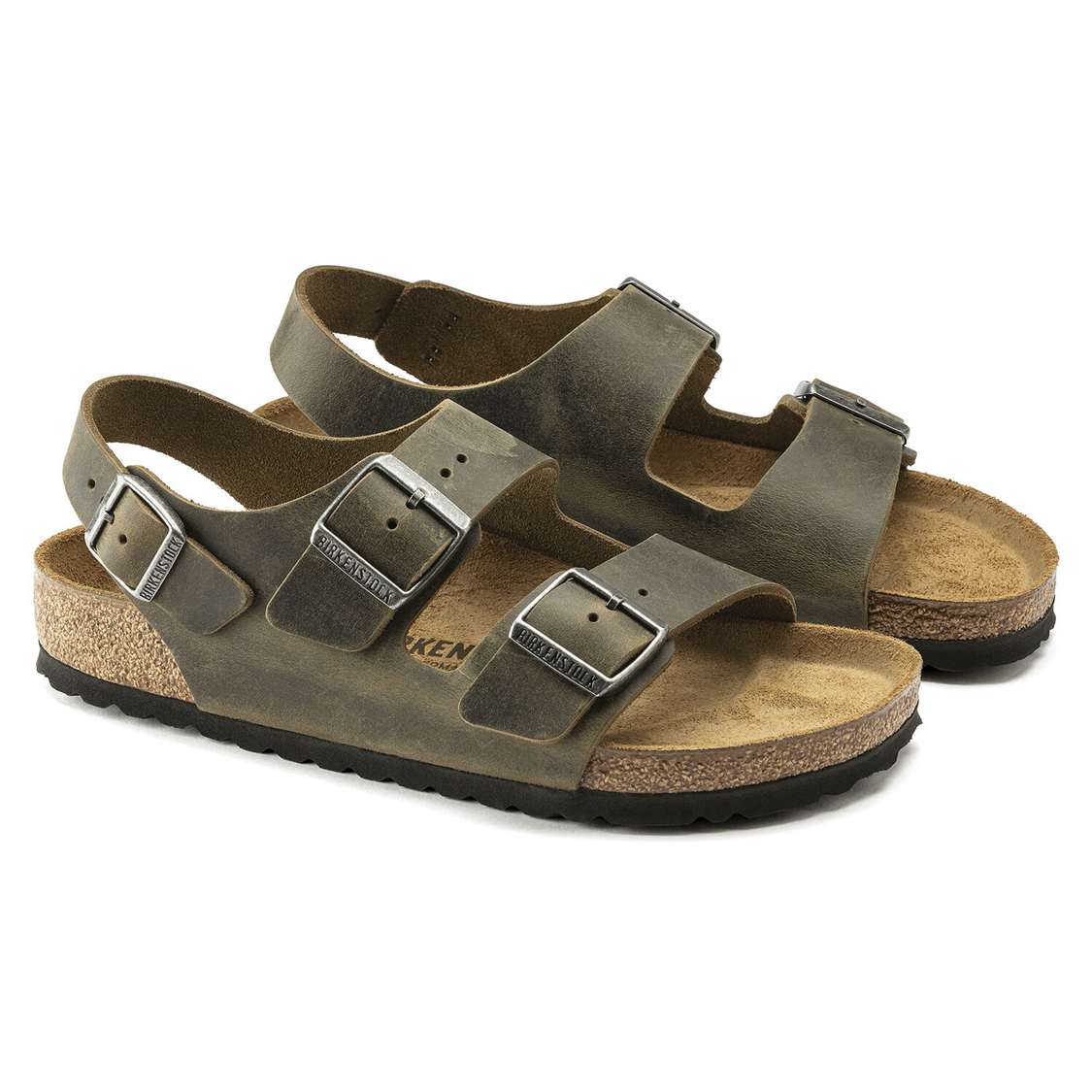 Birkenstock Milano Oiled Leather Two Strap Sandals Khaki | RnhNENH8hmi