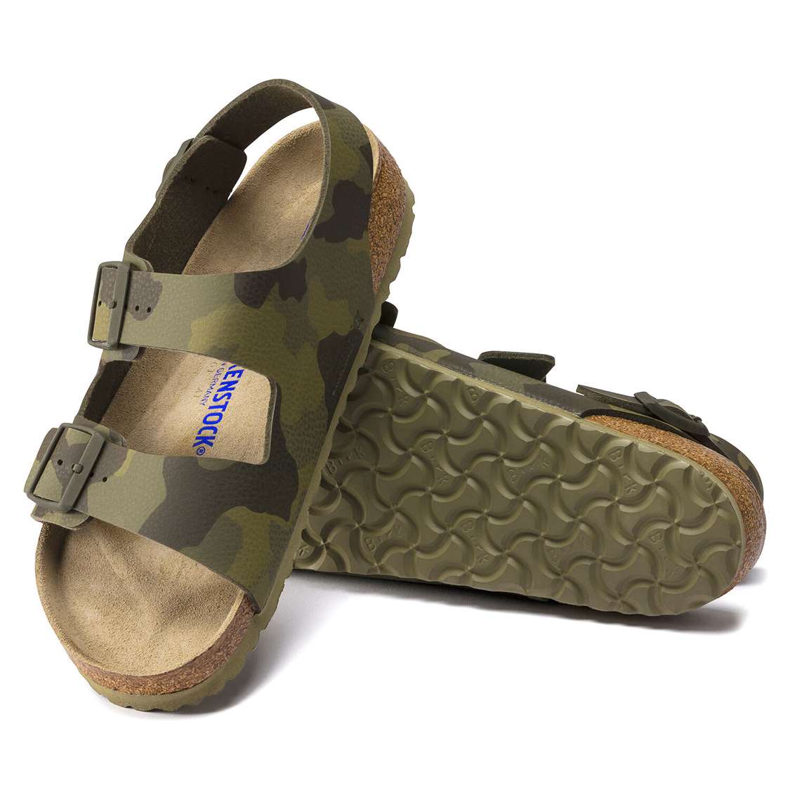 Birkenstock Milano Soft Footbed Birko-Flor Two Strap Sandals Camo Green | 6vMPOIFQ71h