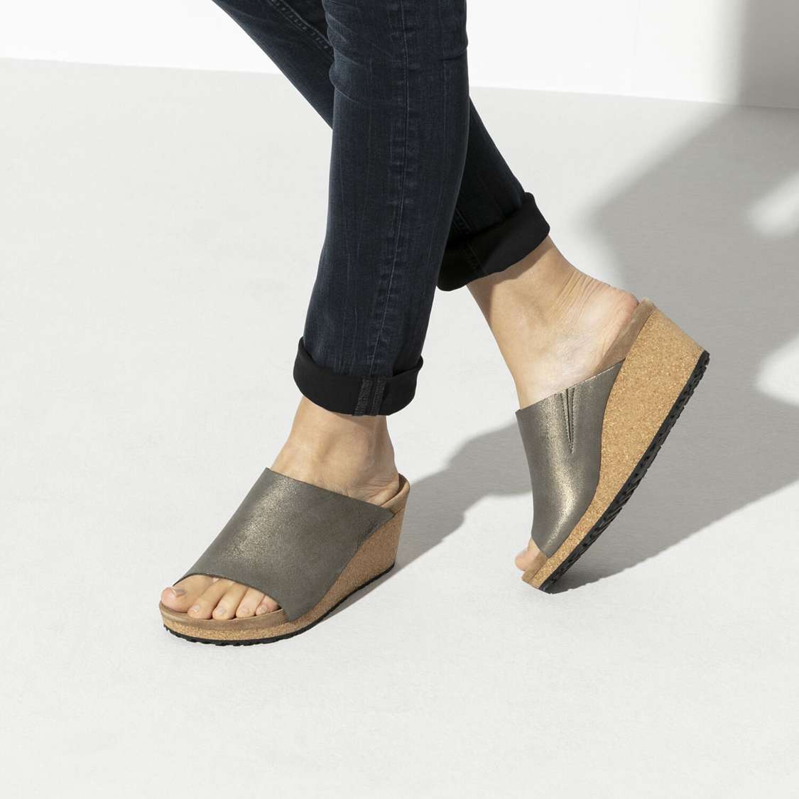 Birkenstock Namica Suede Leather Wedges Sandals Wash Grey Gold | virVXinqoFQ