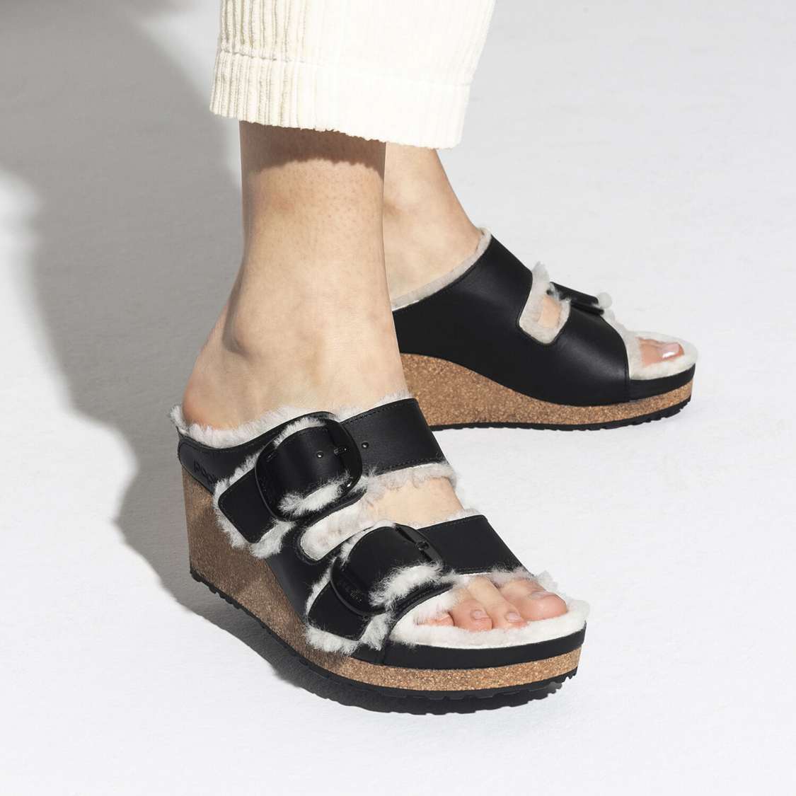 Birkenstock Nora Big Buckle Leather Wedges Sandals Black | 2wLKNujNDKg