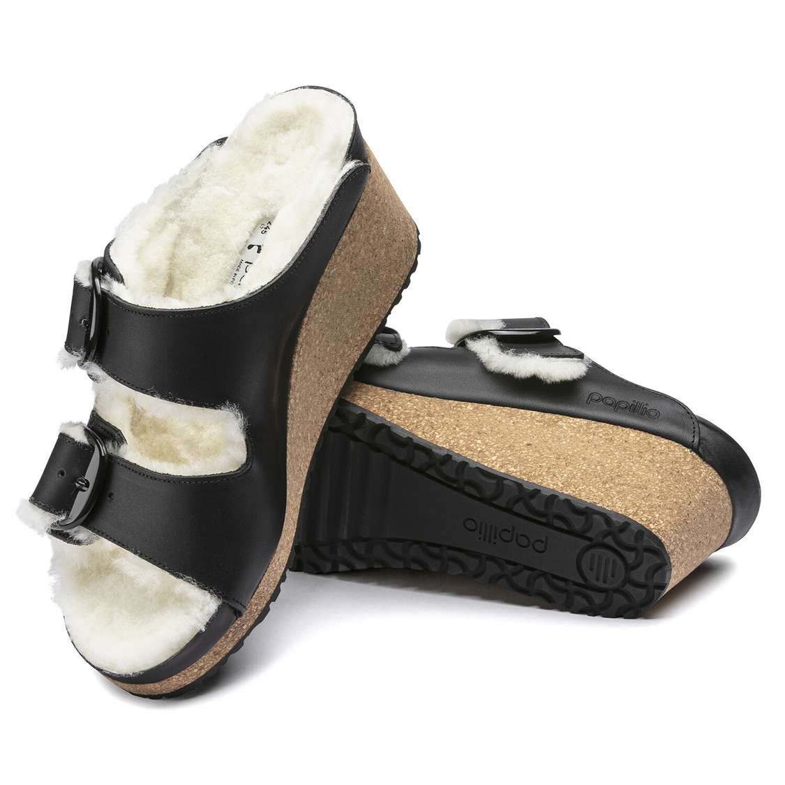 Birkenstock Nora Big Buckle Leather Wedges Sandals Black | 2wLKNujNDKg