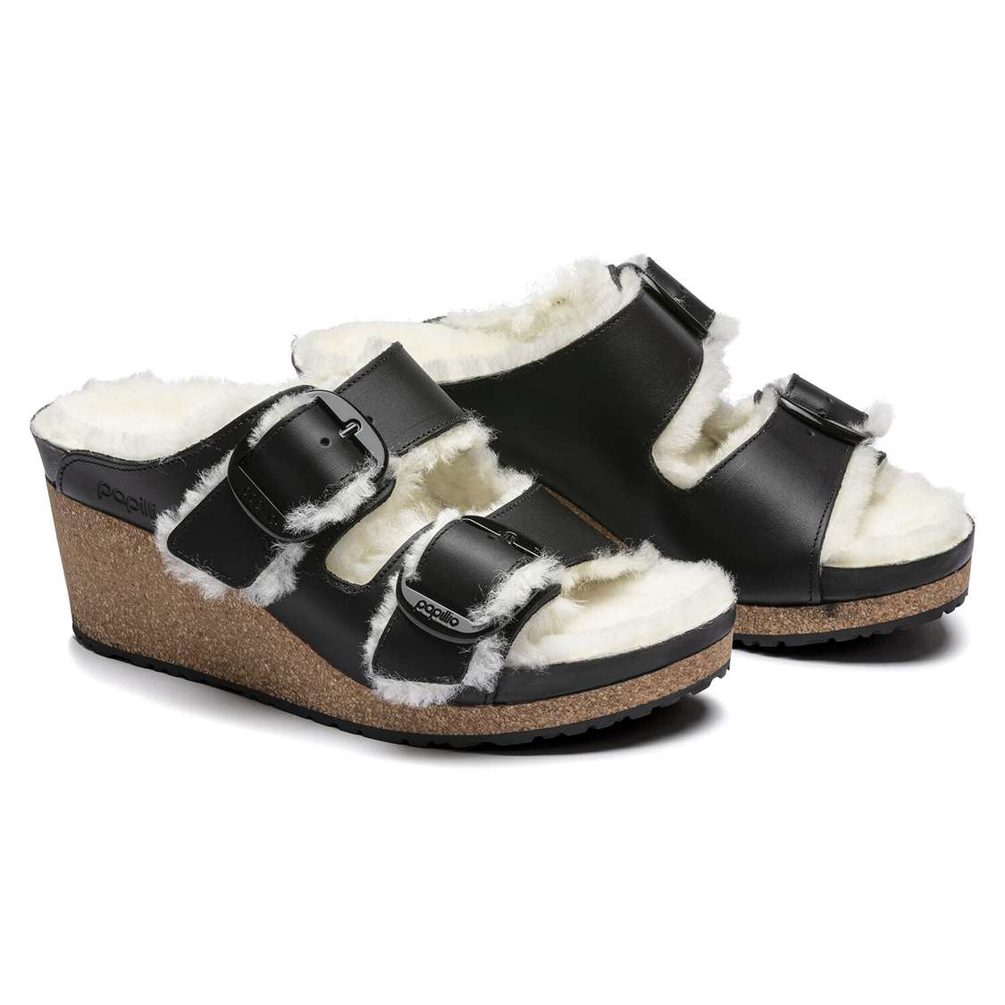 Birkenstock Nora Big Buckle Leather Wedges Sandals Black | 2wLKNujNDKg