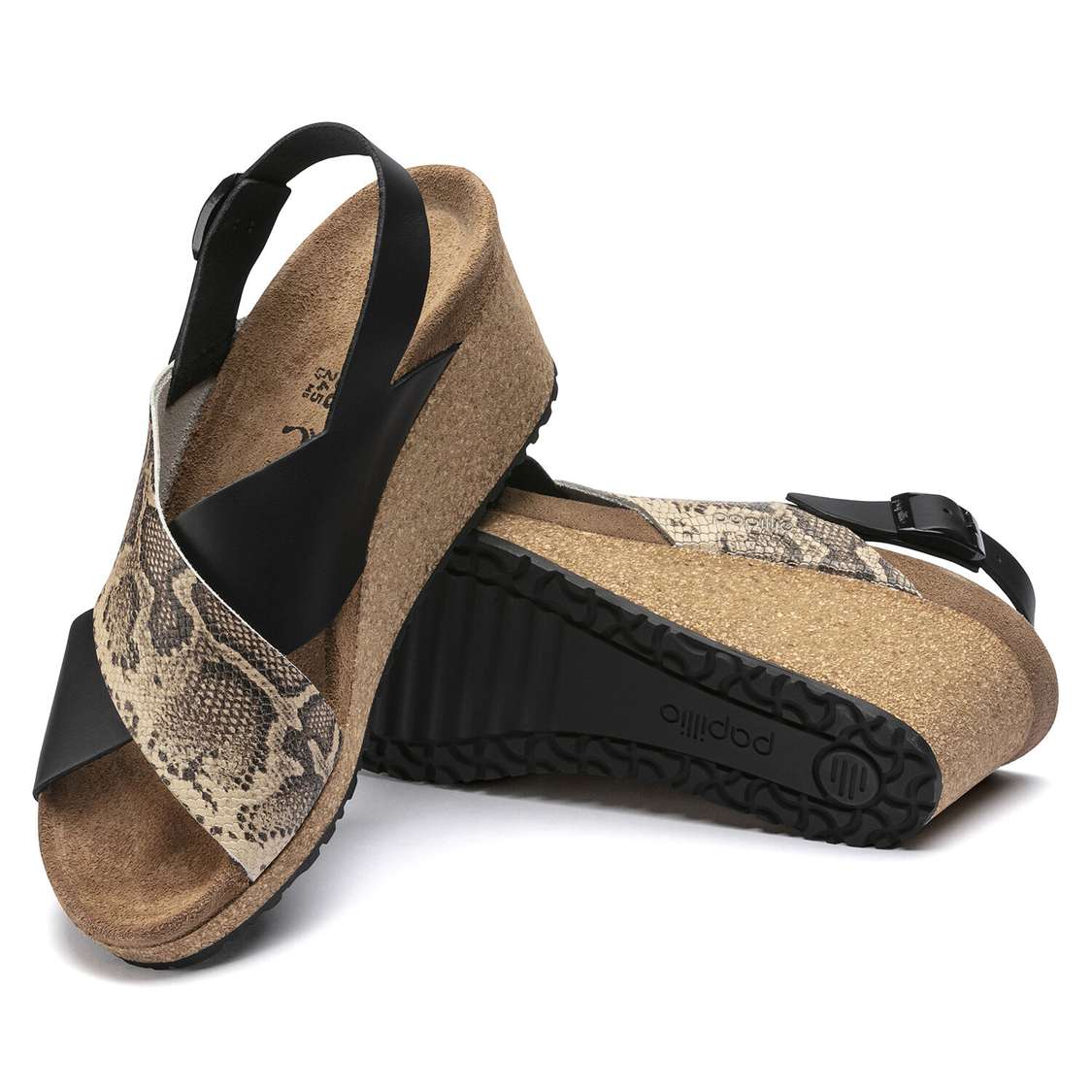 Birkenstock Samira Embossed Leather Wedges Sandals Black / Snake Beige | JfRJ66QJTxW