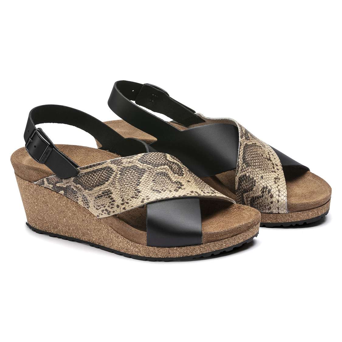 Birkenstock Samira Embossed Leather Wedges Sandals Black / Snake Beige | JfRJ66QJTxW