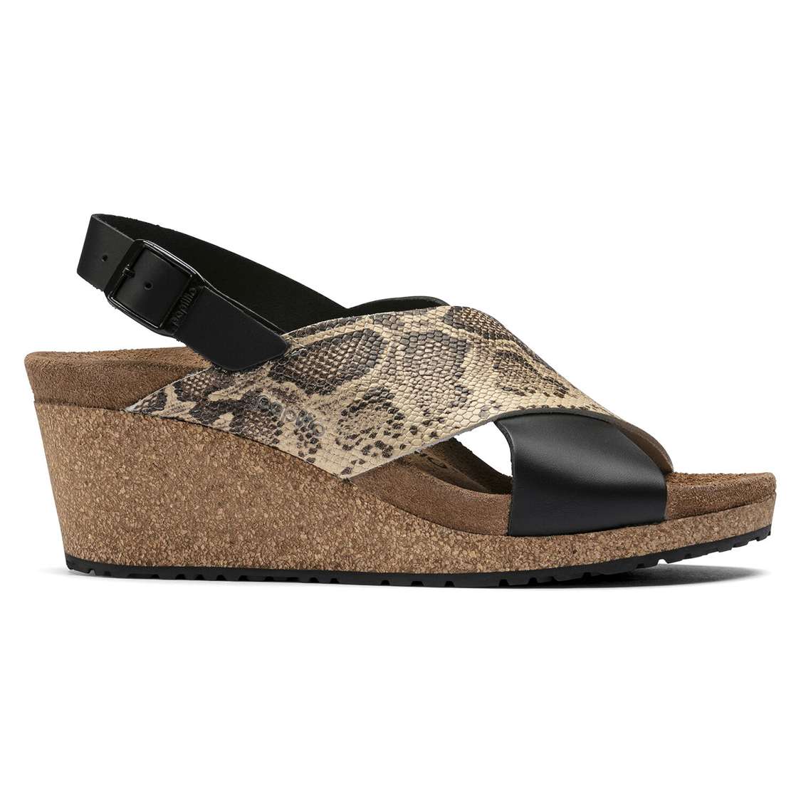 Birkenstock Samira Embossed Leather Wedges Sandals Black / Snake Beige | JfRJ66QJTxW