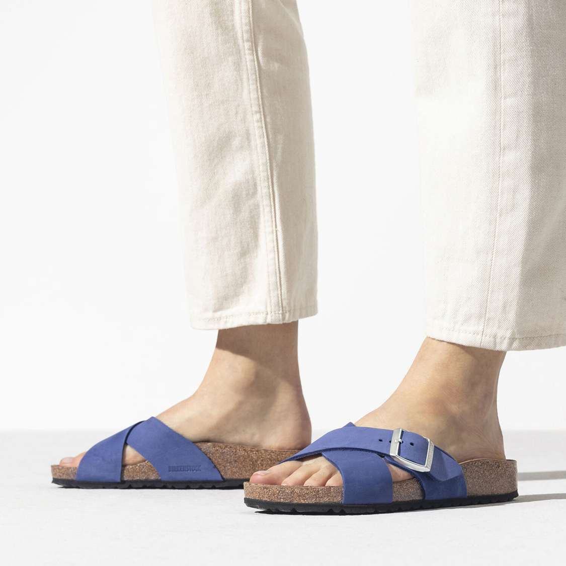 Birkenstock Siena Nubuck Leather Two Strap Sandals AZURE Blue | XGmcT7MUJVL