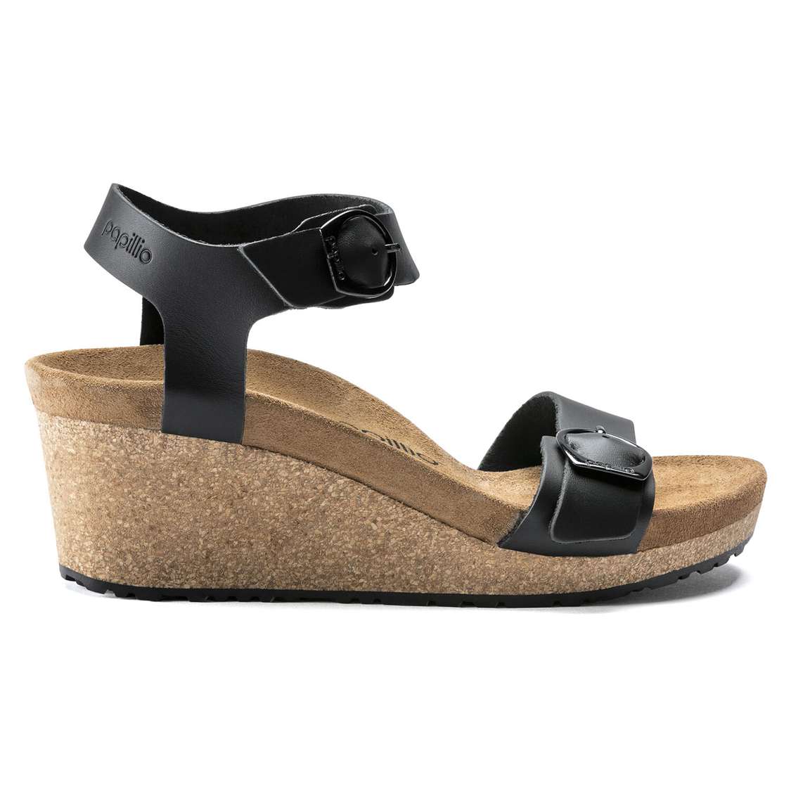 Birkenstock Soley Leather Wedges Sandals Black | iGQXydmwL7n