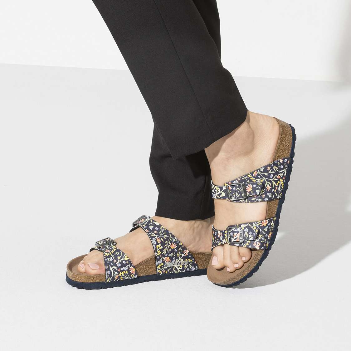 Birkenstock Sydney Vegan Birko-Flor Two Strap Sandals Flower Navy | gZnWfcmdTHo