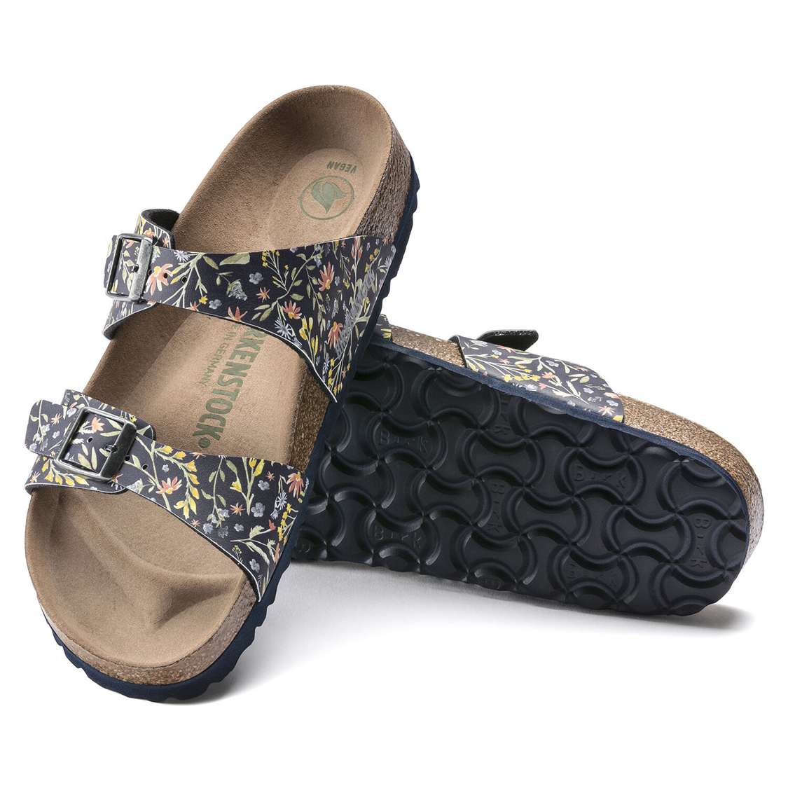 Birkenstock Sydney Vegan Birko-Flor Two Strap Sandals Flower Navy | gZnWfcmdTHo