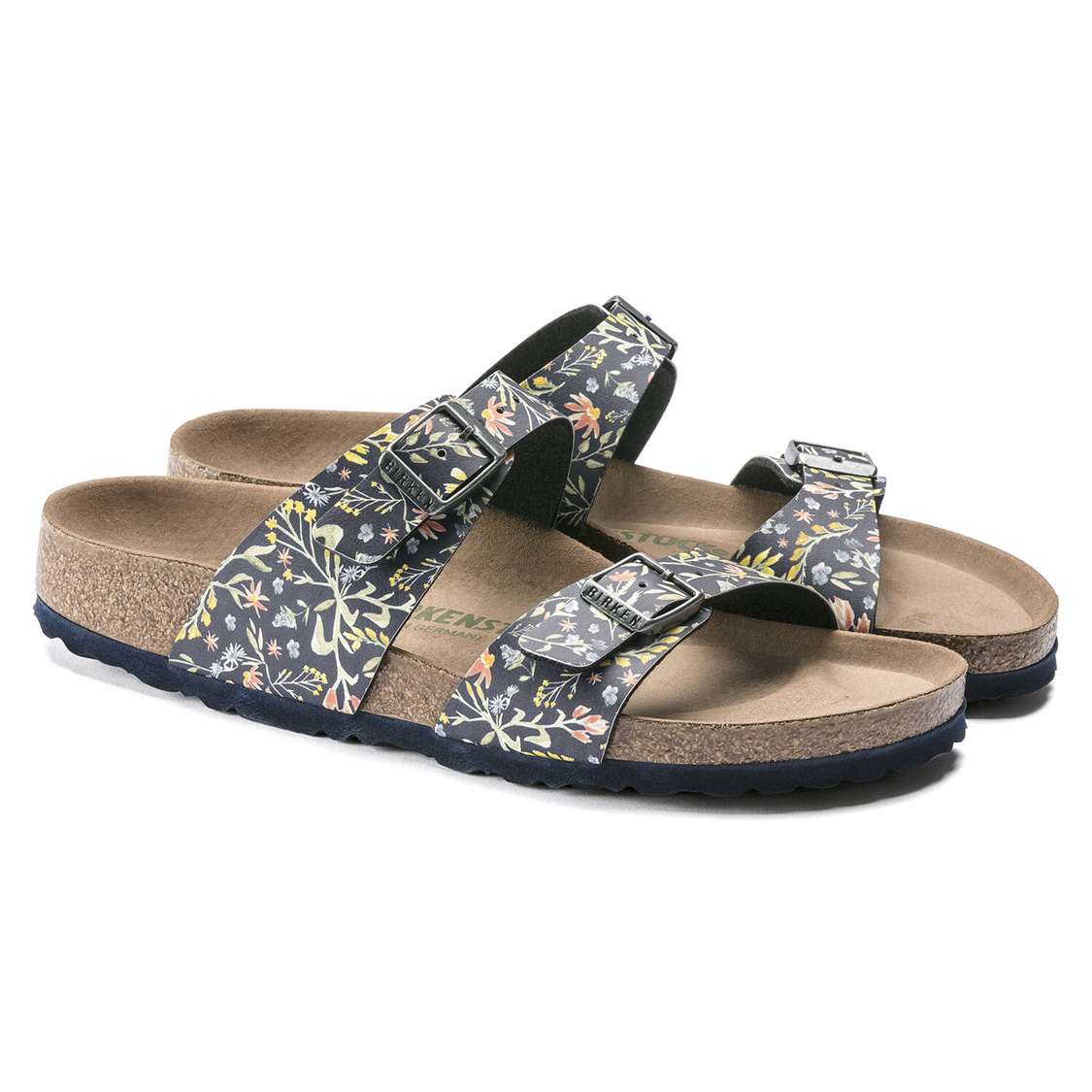 Birkenstock Sydney Vegan Birko-Flor Two Strap Sandals Flower Navy | gZnWfcmdTHo