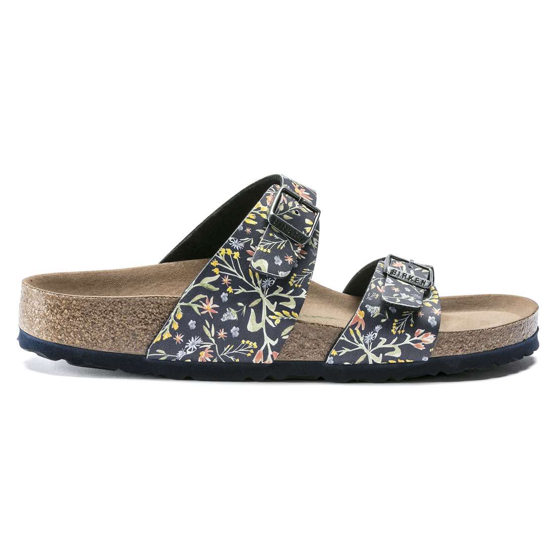 Birkenstock Sydney Vegan Birko-Flor Two Strap Sandals Flower Navy | gZnWfcmdTHo