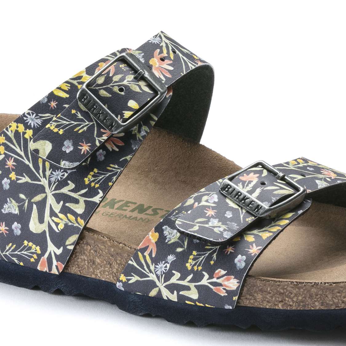 Birkenstock Sydney Vegan Birko-Flor Two Strap Sandals Flower Navy | gZnWfcmdTHo