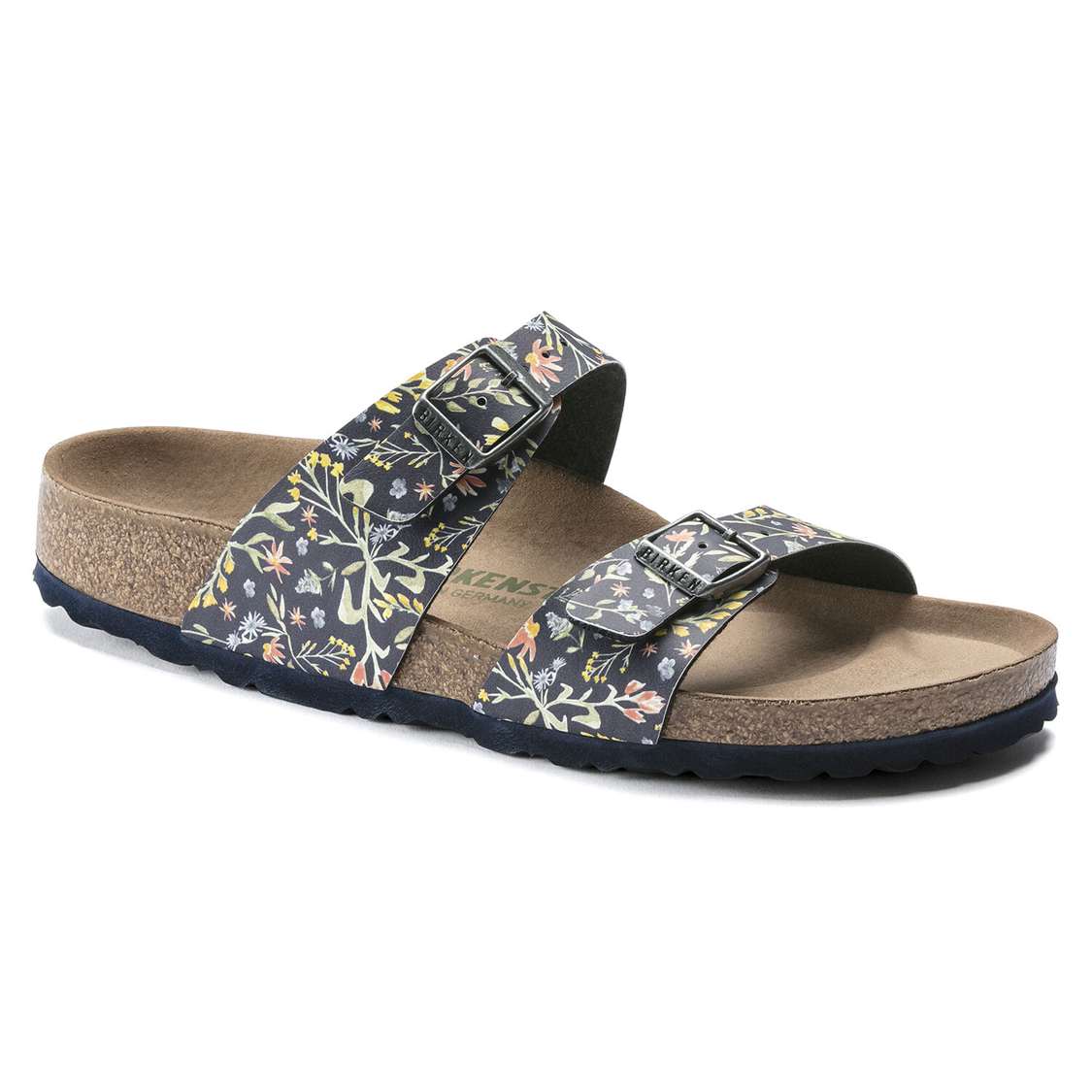 Birkenstock Sydney Vegan Birko-Flor Two Strap Sandals Flower Navy | gZnWfcmdTHo