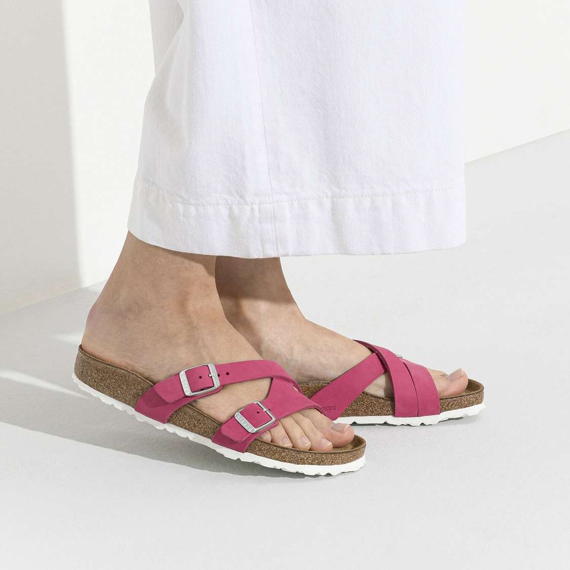 Birkenstock Yao Soft Footbed Nubuck Leather Two Strap Sandals Fuchsia | RJxNbAcHlSN